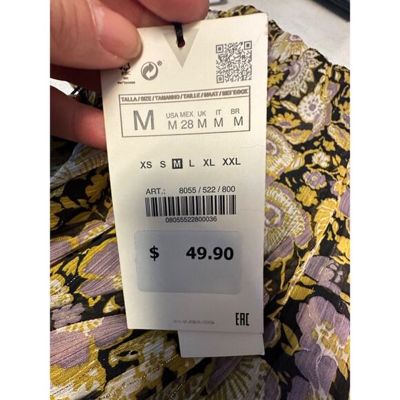 NEW ZARA M One Shoulder Metallic Floral Ruched Mini Dress in Gold/Purple $50 D53 - Picture 7 of 7